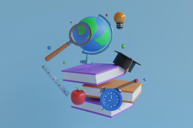 3D Books with alarm clock. Back to school concept. School time concept