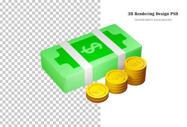 3D Bundles cash and Dollar coins.Stack of money and gold coins 3D rendering.