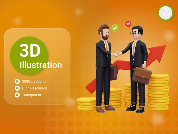 3d business partner shaking hands with a pile of gold coins