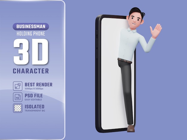 3d businessman appears from the big phone screen and says hi wearing blue shirt