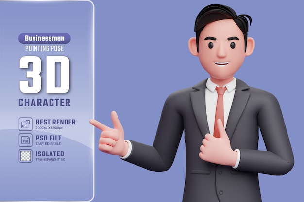 3d Businessman in black suit pointing and thumbs up