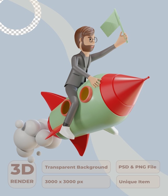 3d businessman character flying with rocket