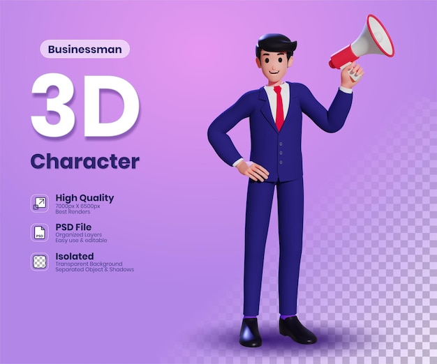 3d Businessman Character standing and holding a megaphone looking at the camera 3d illustration