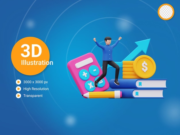 PSD 3d businessman doing financial accounting illustration