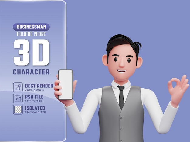 3d businessman in gray office vest giving ok finger and holding a mobile phone