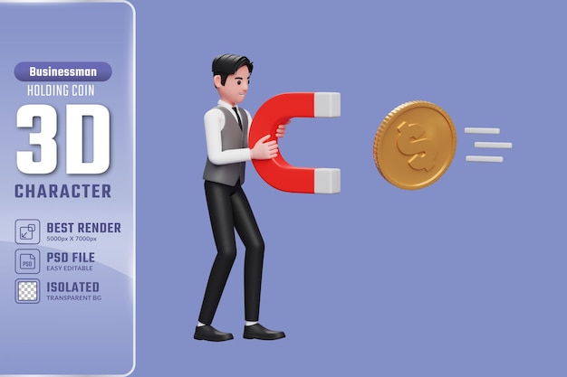 3d businessman in grey vest standing holding magnet attracting gold coin