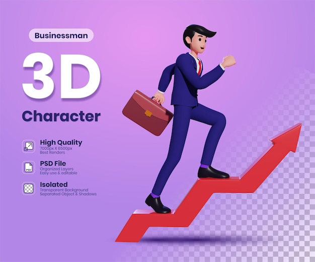 3d Businessman with a briefcase climbing the steps red arrow upstairs to business success