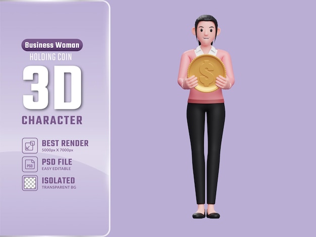 3d Businesswoman in pink sweater holding dollar coin, 3d illustration of a business woman with coin