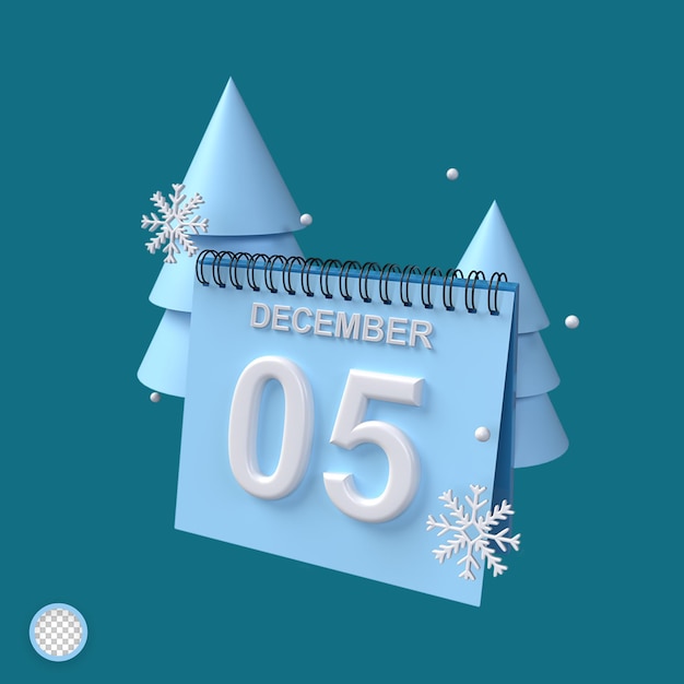 PSD 3d calendar of 05 december with tree and sparkle ornaments with winter concept