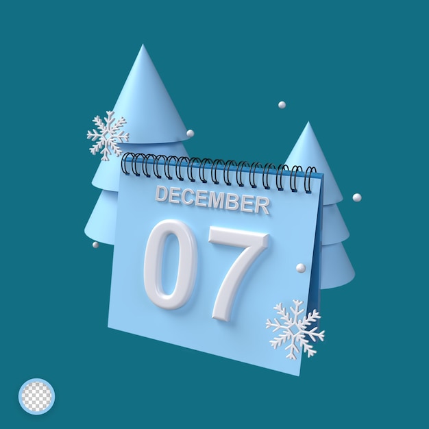 PSD 3d calendar of 07 december with tree and sparkle ornaments with winter concept