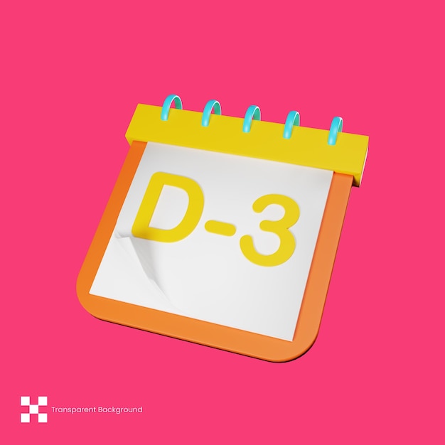 3d Calendar D-3 Icon, 3D rendering and 3D illustration, Transparent