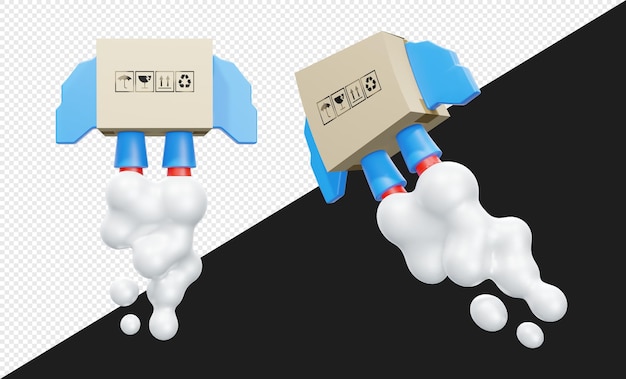 3d cardboard or box delivery with rocket illustration isolated