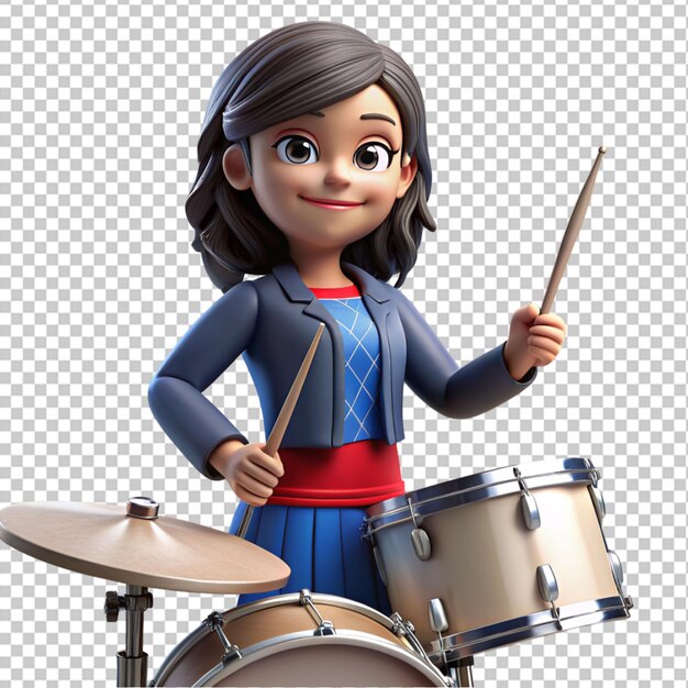 3d cartoon American young girl playing with drums