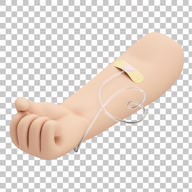 PSD 3d cartoon arm receiving iv fluids with transparent background