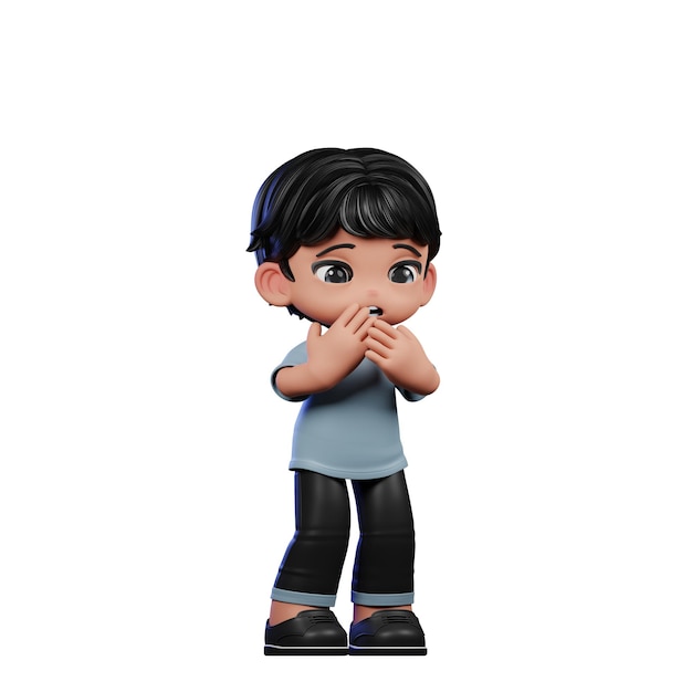 PSD 3d cartoon boy with black hair and blue shirt running afraid pose