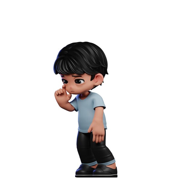 PSD 3d cartoon boy with black hair and blue shirt running standing sad pose