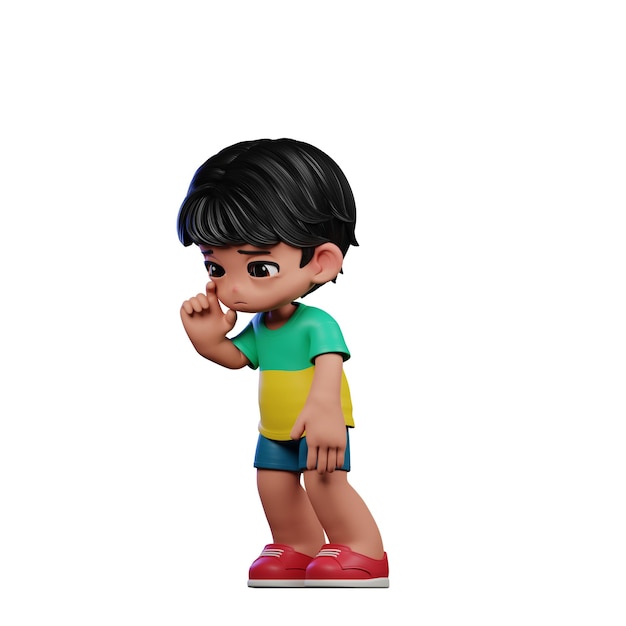 PSD 3d cartoon boy with black hair and green shirt standing sad pose