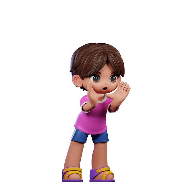 PSD 3d cartoon boy with pink shirt shouting pose