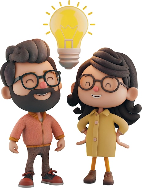 PSD 3d cartoon business people with ideas lightbulb