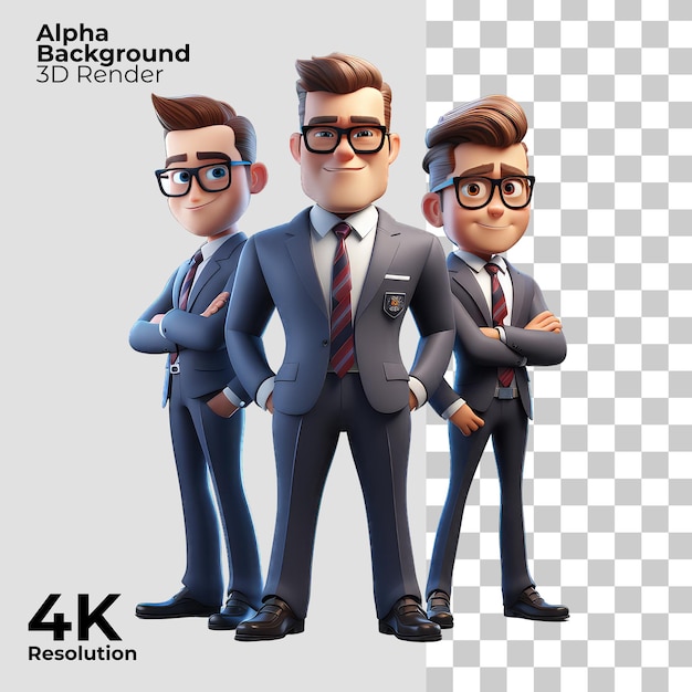 3D cartoon businesspeople team stands dressed in professional business suits