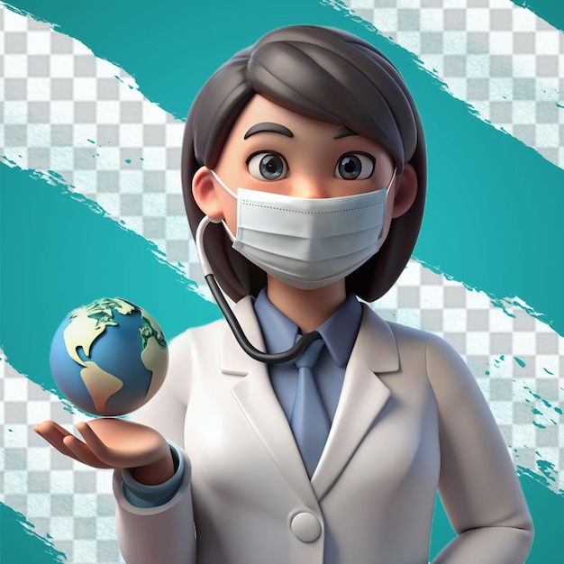 3d cartoon character cute doctor woman wearing mask and thumb up