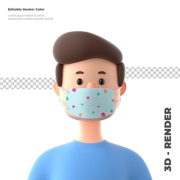 3d cartoon character wearing mockup of face mask