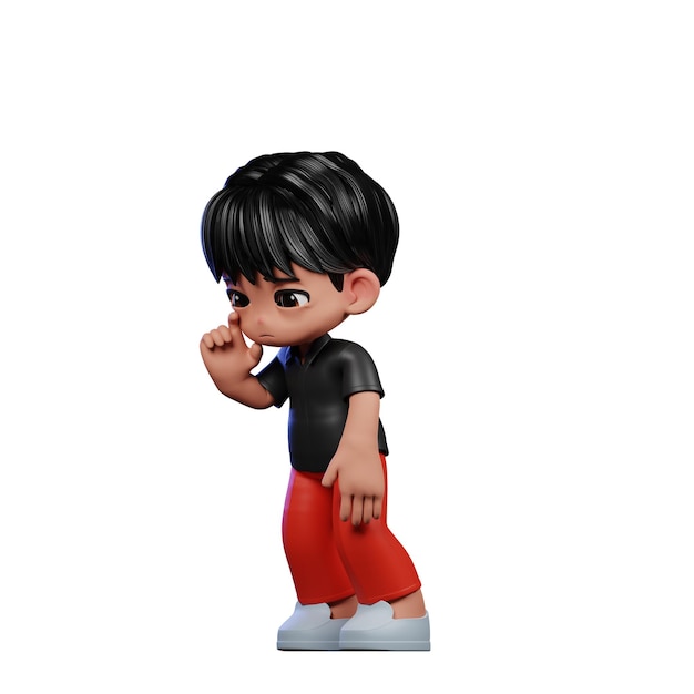 PSD 3d cartoon character with a black shirt and red pants standing sad pose