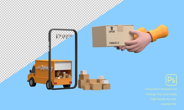 3D Cartoon express delivery Courier takes box out of van Phone with delivery app