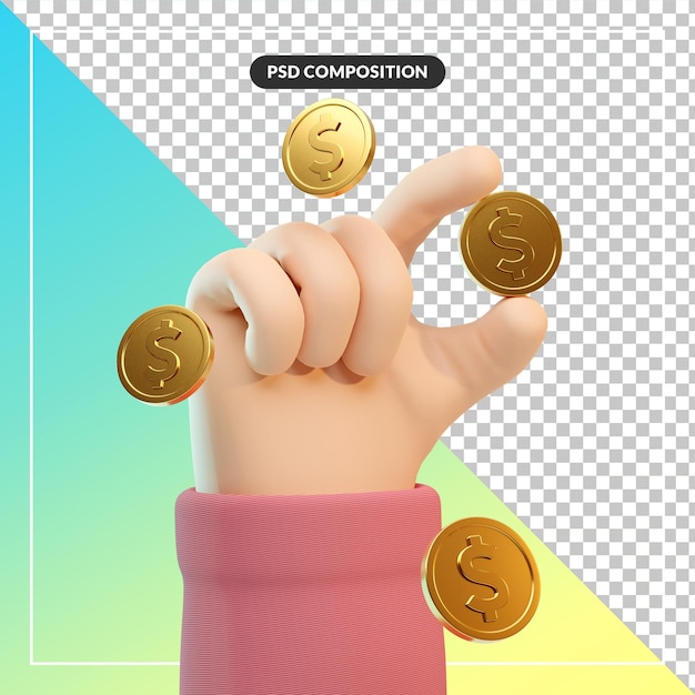 3d cartoon hand gesture with dollar coin