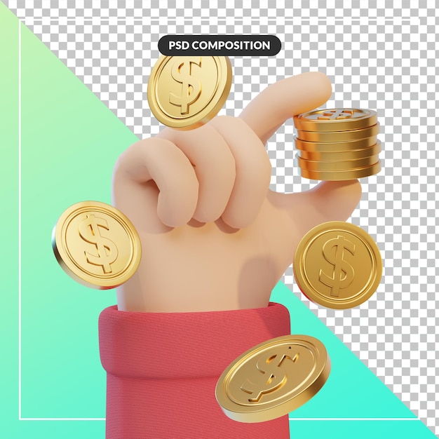 3d cartoon hand gesture with dollar coin