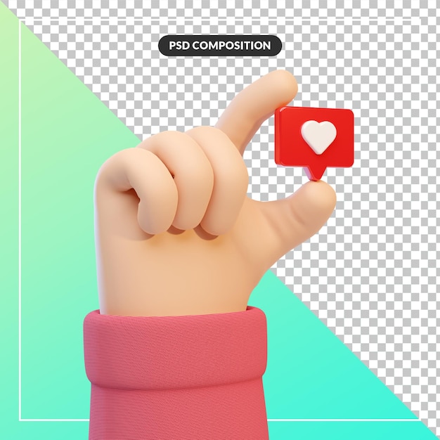 3d cartoon hand gesture with instagram like icon