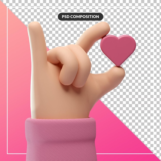 3d cartoon hand gesture with love heart symbol icon