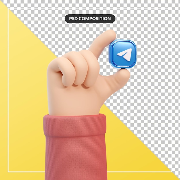 3d cartoon hand gesture with telegram logo icon