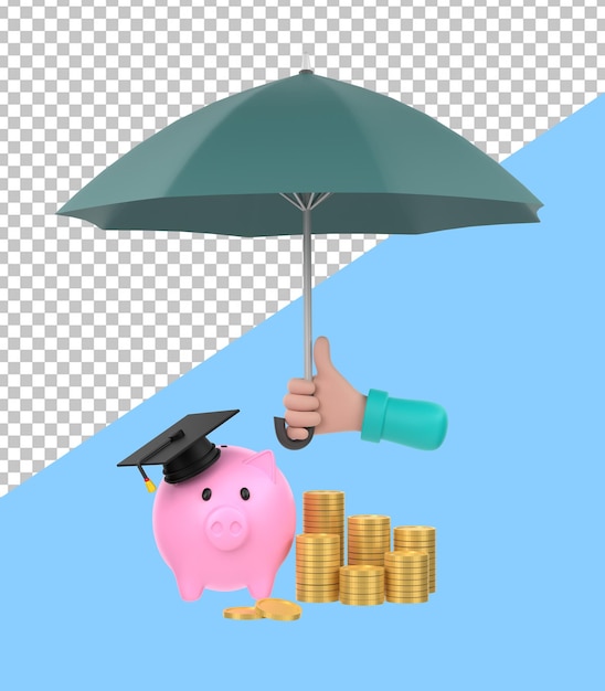 3D Cartoon hand holding green umbrella to protect piggy bank and money education plan concept