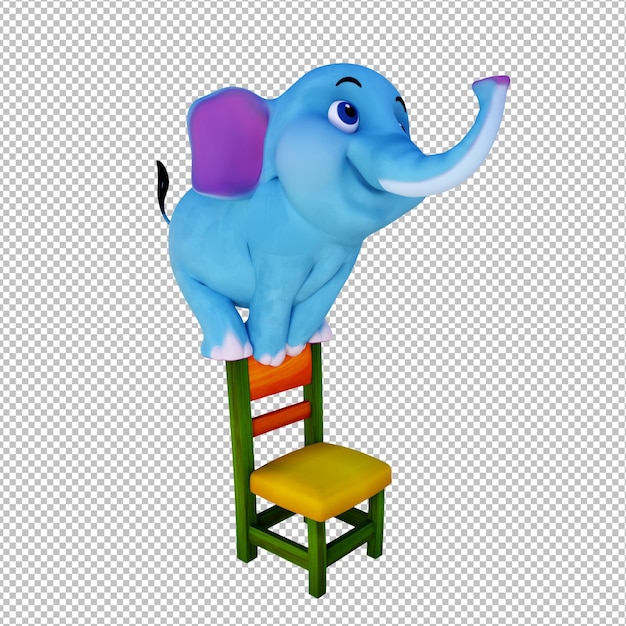 3D Cartoon Illustration Cute Blue Baby Elephant Standing on Chair