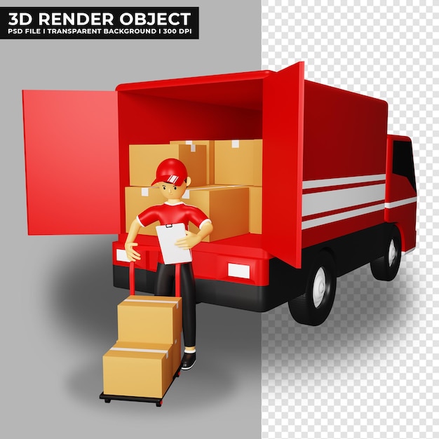 3d cartoon illustration delivery service courier ready to deliver parcel shipment by truck