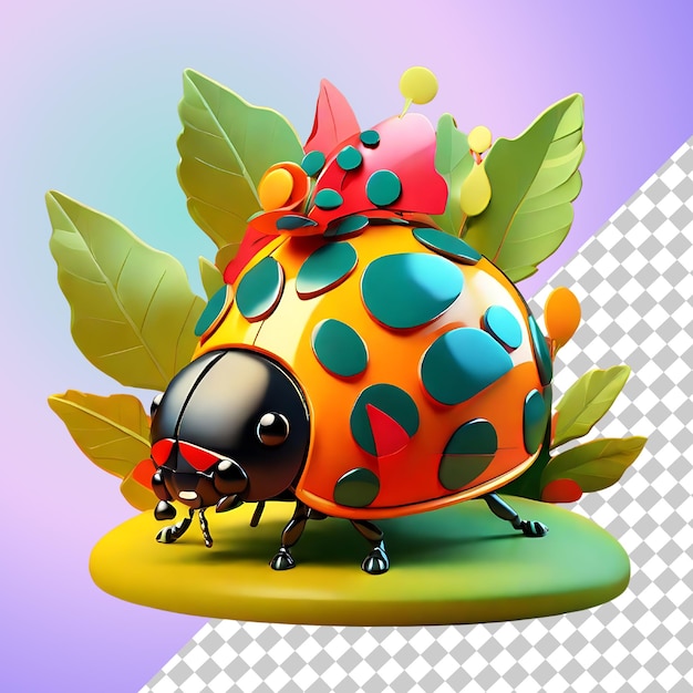 PSD 3d cartoon ladybug with colorful spots and flowers