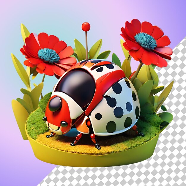 3D Cartoon Ladybug with Colorful Spots and Flowers