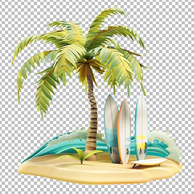 3D Cartoon Palm Tree with Surfboards Beach and Waves Isolated on Transparent Background