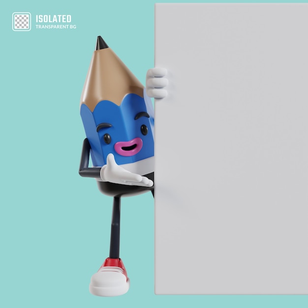 PSD 3d cartoon pencil character peeks out from behind wall