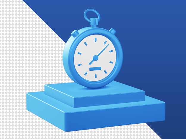 3d cartoon render blue stopwatch timer clock icons with podium for UI UX web mobile apps designs