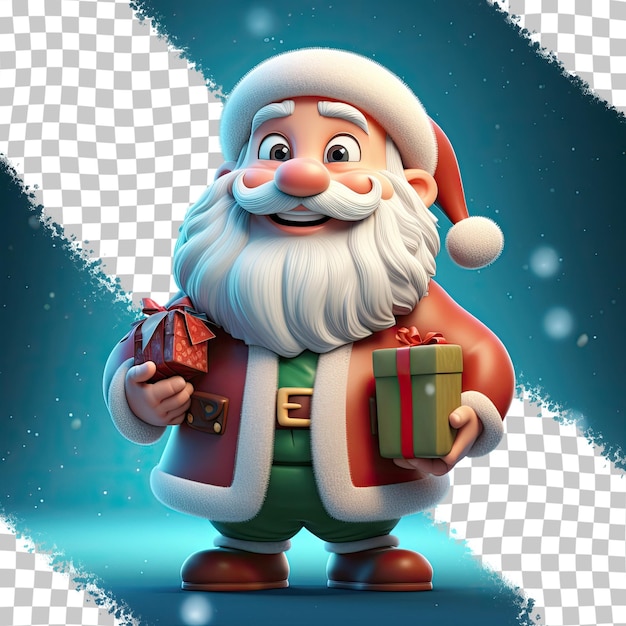 A 3D cartoon of Santa Claus carries a sack of gifts transparent background