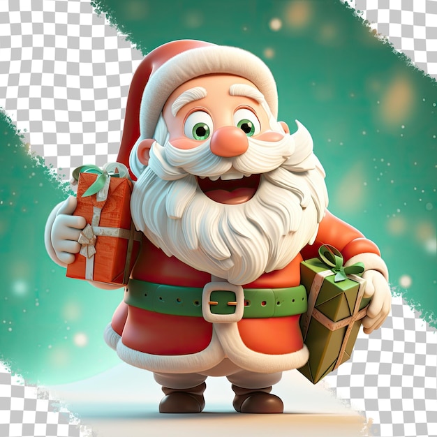 A 3D cartoon of Santa Claus carries a sack of gifts transparent background