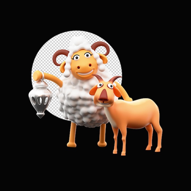 3D Cartoon Sheep Holding Silver Arabic Lantern With Goat Illustration And PNG Circular Shape On Black Background