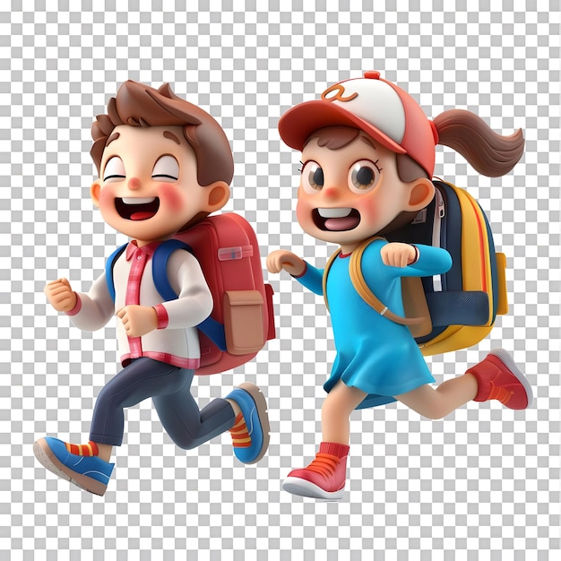 3D cartoon student characters running to school