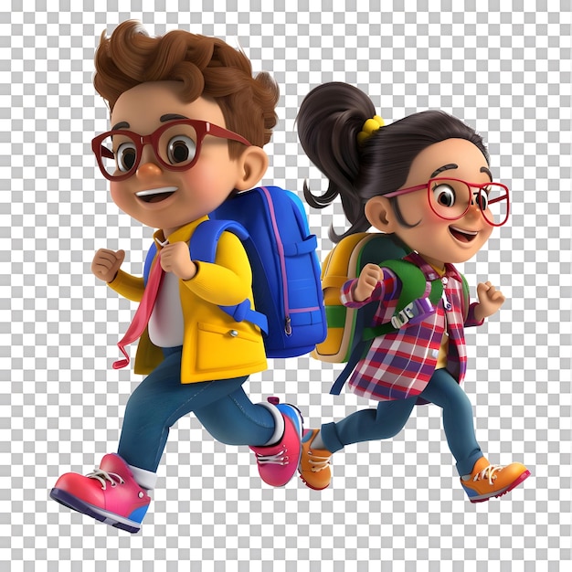 3D cartoon student characters running to school