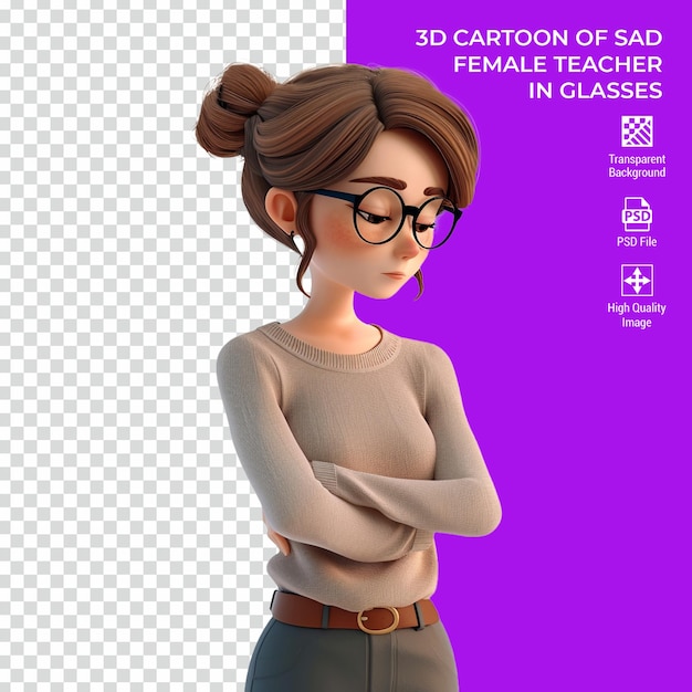 PSD 3d cartoonish render of sad female teacher in glasses isolated on transparent background psd