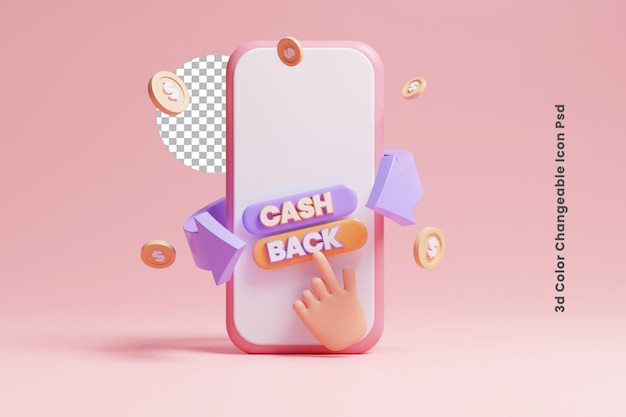 3d cash back promotional offer with floating coin and phone or 3d online cash back offer