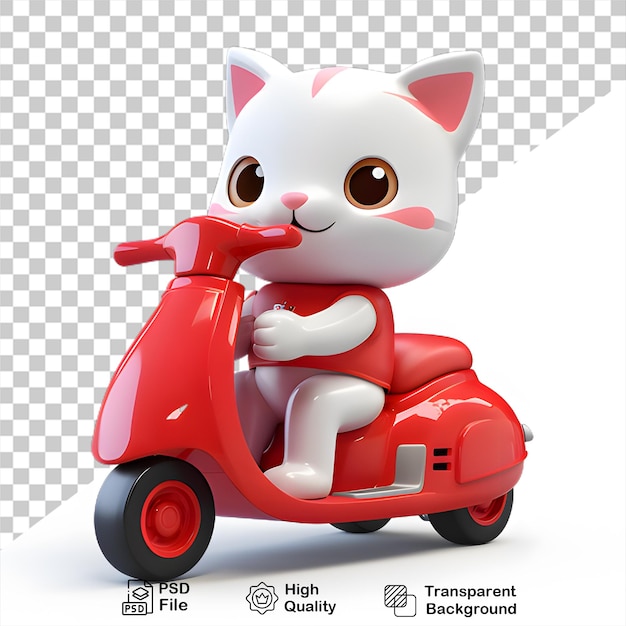 3d cat ride a motorcycle isolated on transparent background white and red