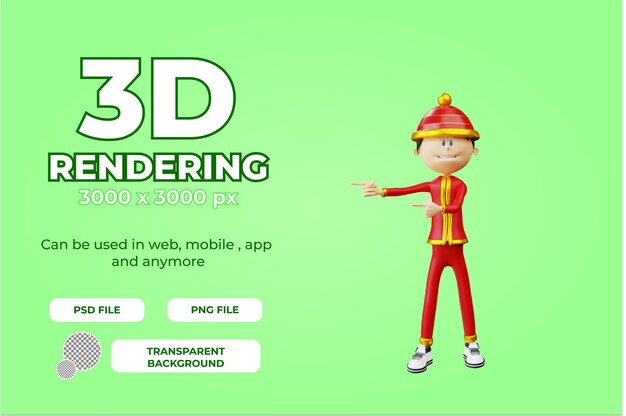 3d character chinese man pointing to the right pose illustration object